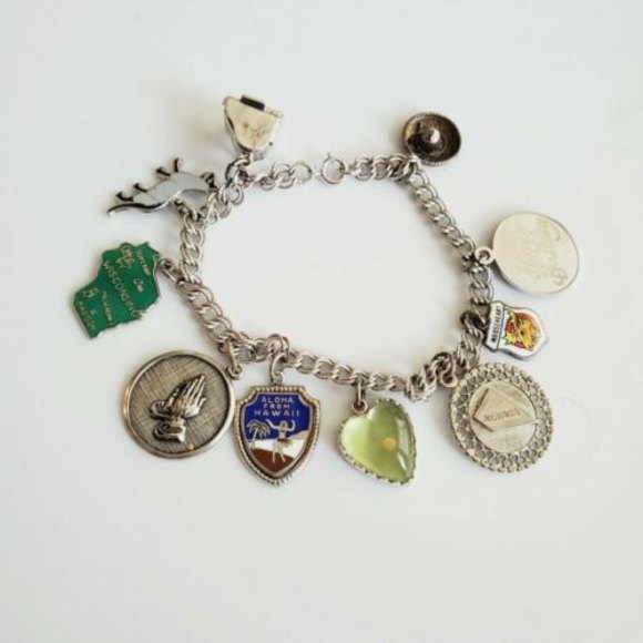 Vintage Wells Sterling Silver Travel Charm Bracelet Cat Sombrero Maps